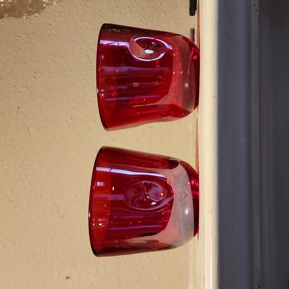Red Iridescent Hand-blown Art Glass Votive/Tealight Candle Holders with Dimples